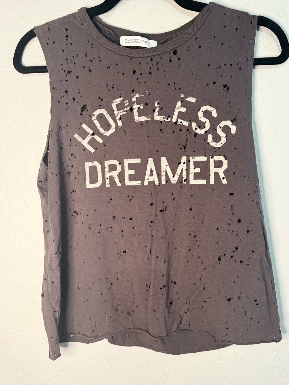 Daydreamer Distressed Hole-Detail Tee - Charcoal